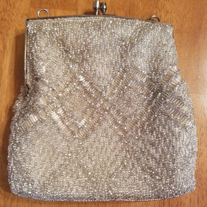Vintage handmade white beaded evening bag